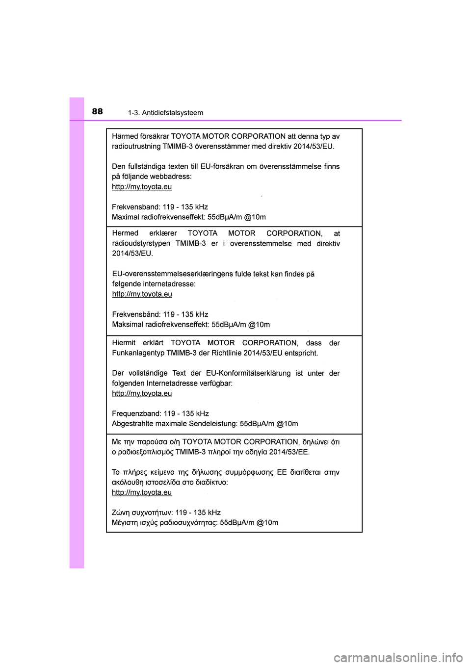 TOYOTA YARIS 2020  Instructieboekje (in Dutch) 881-3. Antidiefstalsysteem
YARIS_F_OM_Europe_OM52A54E
YARIS_F_OM_Europe_OM52A54E.book  Page 88  Friday, February 8, 2019  1:56 PM 
