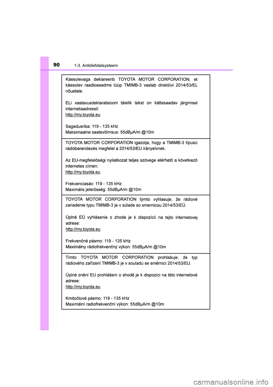 TOYOTA YARIS 2020  Instructieboekje (in Dutch) 901-3. Antidiefstalsysteem
YARIS_F_OM_Europe_OM52A54E
YARIS_F_OM_Europe_OM52A54E.book  Page 90  Friday, February 8, 2019  1:56 PM 