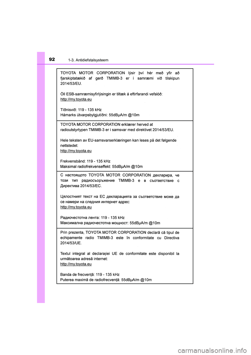 TOYOTA YARIS 2020  Instructieboekje (in Dutch) 921-3. Antidiefstalsysteem
YARIS_F_OM_Europe_OM52A54E
YARIS_F_OM_Europe_OM52A54E.book  Page 92  Friday, February 8, 2019  1:56 PM 