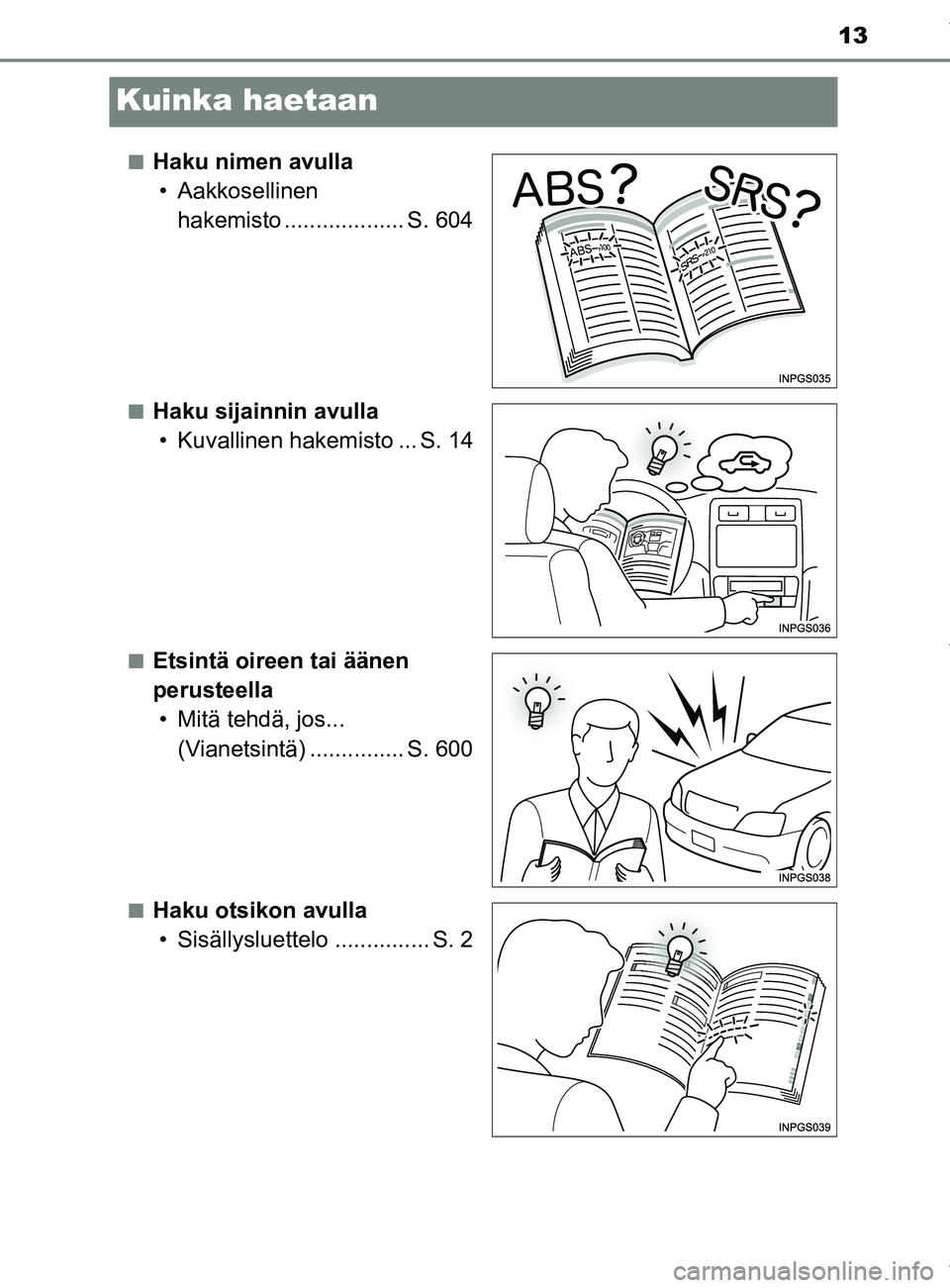 TOYOTA YARIS 2020  Manual de utilização (in Portuguese) 13
YARIS_F_OM_Europe_OM52A54FI
Kuinka haetaan
nHaku nimen avulla• Aakkosellinen  hakemisto ................... S. 604
nHaku sijainnin avulla• Kuvallinen hakemisto ... S. 14
nEtsintä oireen tai ä