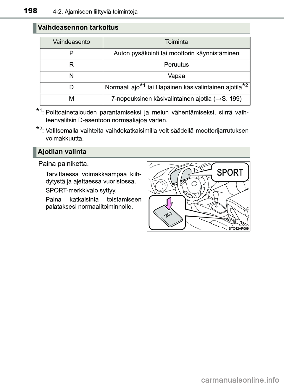 TOYOTA YARIS 2020  Manual de utilização (in Portuguese) 1984-2. Ajamiseen liittyviä toimintoja
YARIS_F_OM_Europe_OM52A54FI
*1: Polttoainetalouden parantamiseksi ja melun vähentämiseksi, siirrä vaih-teenvalitsin D-asentoon normaaliajoa varten.
*2: Valit