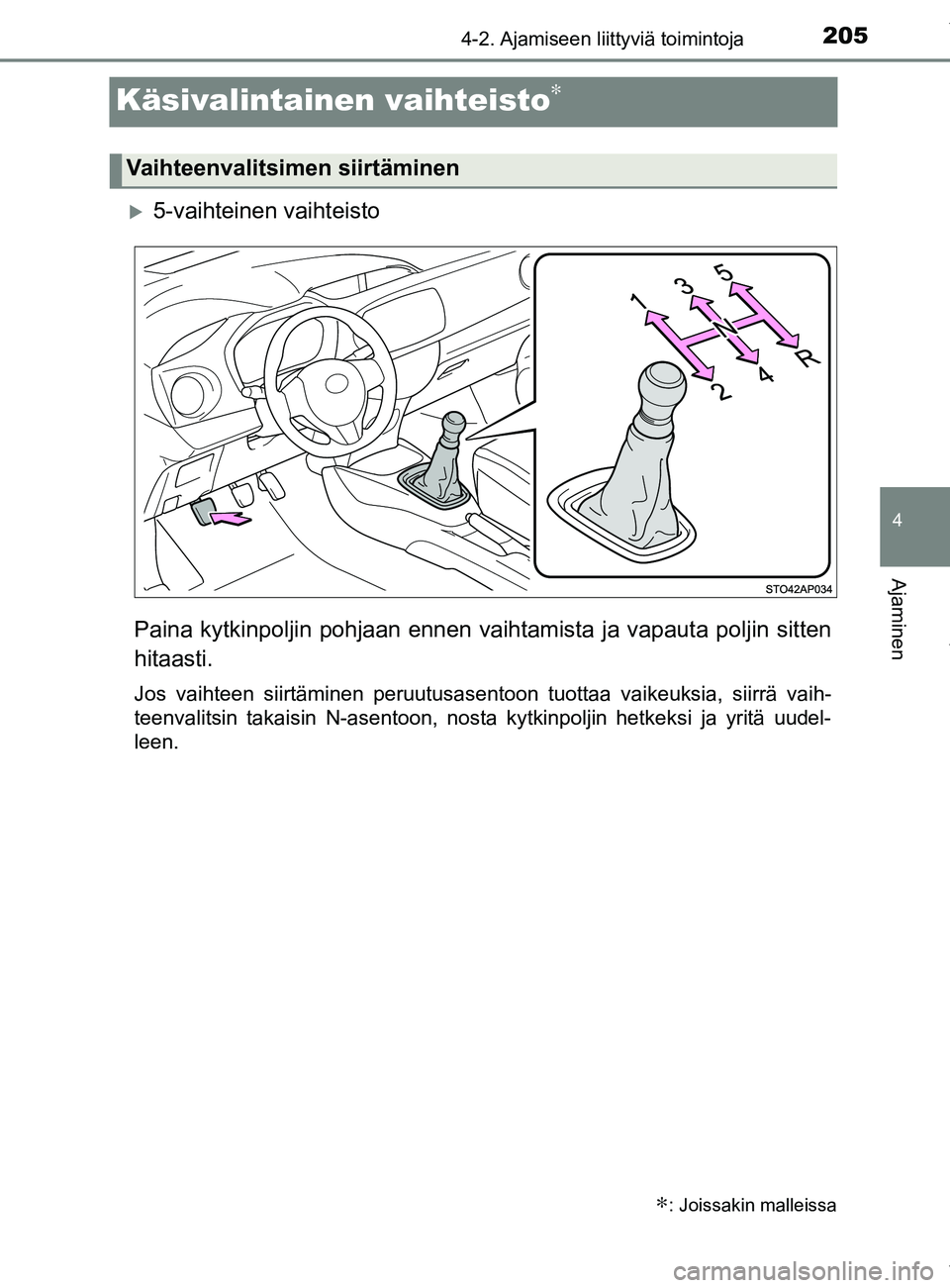 TOYOTA YARIS 2020  Manual de utilização (in Portuguese) 205
4
4-2. Ajamiseen liittyviä toimintoja
Ajaminen
YARIS_F_OM_Europe_OM52A54FI
Käsivalintainen vaihteisto∗
5-vaihteinen vaihteisto
Paina kytkinpoljin pohjaan ennen vaihtamista ja  vapauta polji