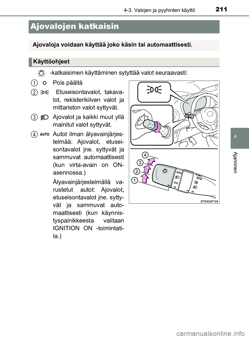 TOYOTA YARIS 2020  Manual de utilização (in Portuguese) 211
4
4-3. Valojen ja pyyhinten käyttö
Ajaminen
YARIS_F_OM_Europe_OM52A54FI
Ajovalojen katkaisin
-katkaisimen käyttäminen sytyttää valot seuraavasti:Pois päältä
 Etuseisontavalot, takava-
lot