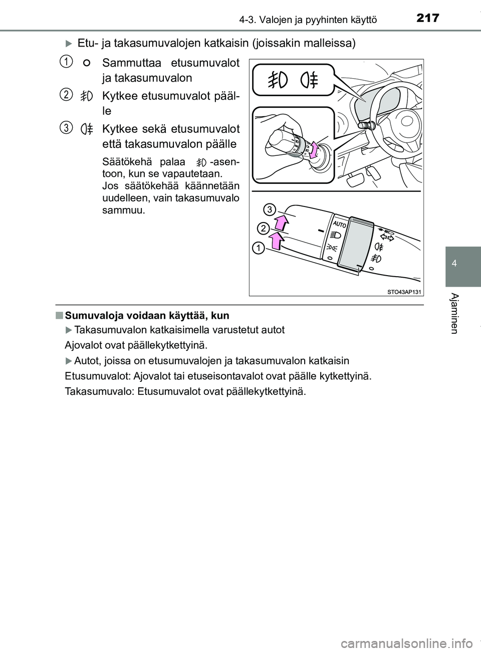 TOYOTA YARIS 2020  Manual de utilização (in Portuguese) 2174-3. Valojen ja pyyhinten käyttö
4
Ajaminen
YARIS_F_OM_Europe_OM52A54FI
Etu- ja takasumuvalojen katkaisin (joissakin malleissa)
Sammuttaa etusumuvalot
ja takasumuvalon
Kytkee etusumuvalot pä