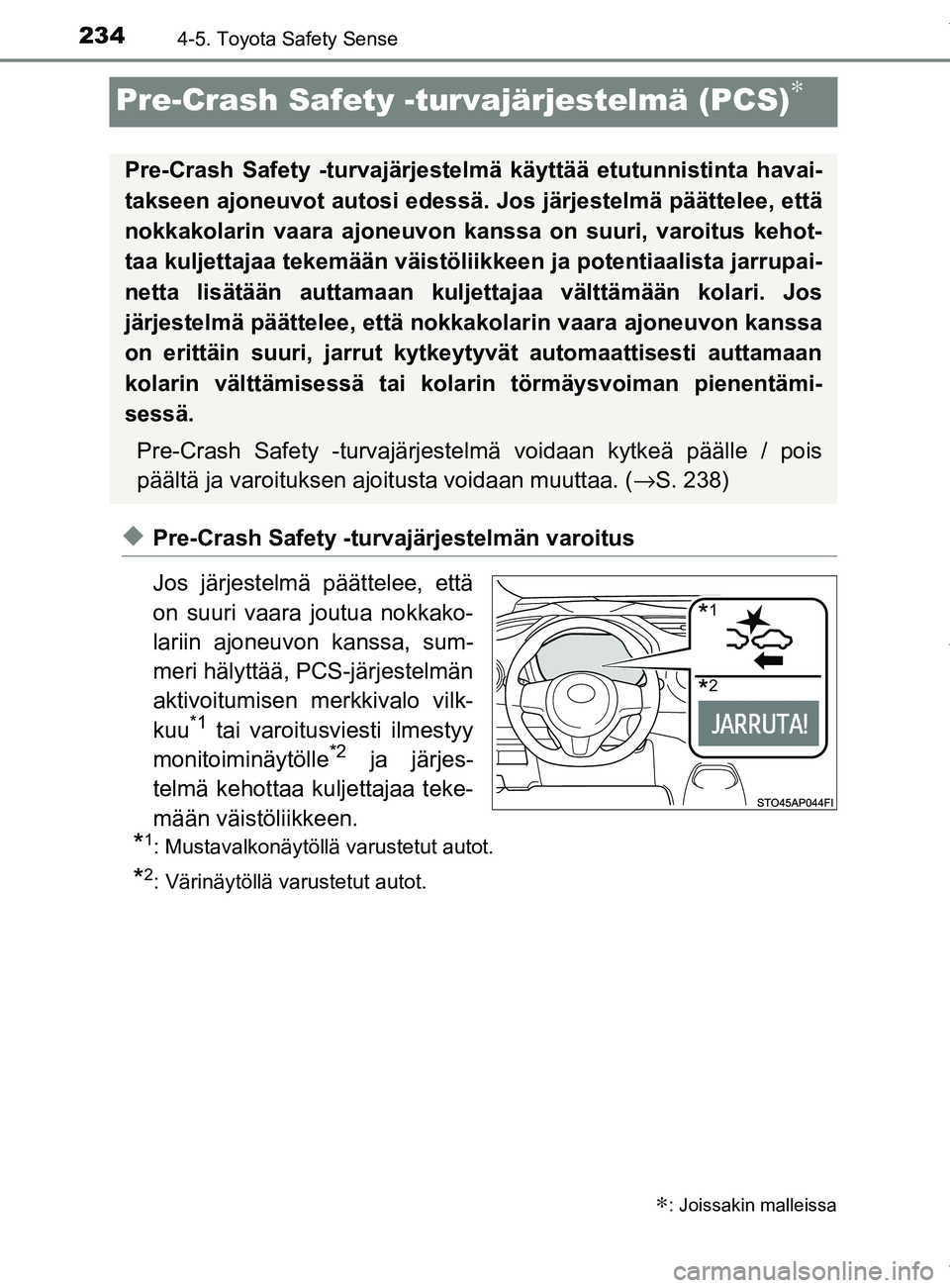 TOYOTA YARIS 2020  Manual de utilização (in Portuguese) 2344-5. Toyota Safety Sense
YARIS_F_OM_Europe_OM52A54FI
Pre-Crash Safety -turvajärjestelmä (PCS)∗
uPre-Crash Safety -turvajärjestelmän varoitus
Jos järjestelmä päättelee, että
on suuri vaar