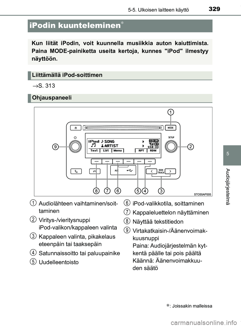 TOYOTA YARIS 2020  Manual de utilização (in Portuguese) 329
5
5-5. Ulkoisen laitteen käyttö
Audiojärjestelmä
YARIS_F_OM_Europe_OM52A54FI
iPodin kuunteleminen∗
→S. 313
∗: Joissakin malleissa
Kun liität iPodin, voit kuunnella  musiikkia auton kaiu