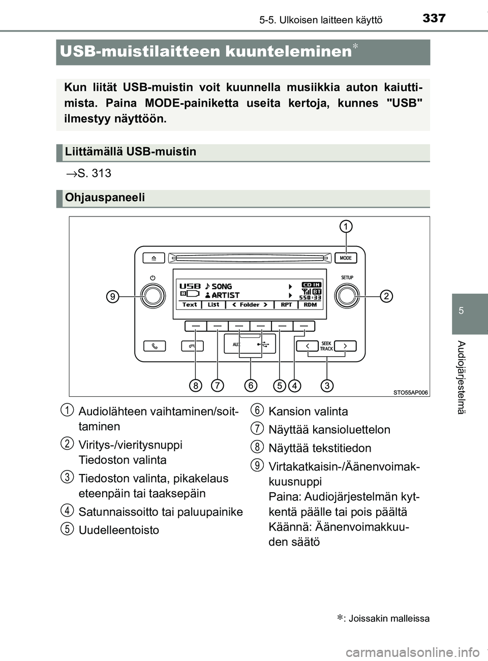 TOYOTA YARIS 2020  Manual de utilização (in Portuguese) 337
5
5-5. Ulkoisen laitteen käyttö
Audiojärjestelmä
YARIS_F_OM_Europe_OM52A54FI
USB-muistilaitteen kuunteleminen∗
→S. 313
∗: Joissakin malleissa
Kun liität USB-muistin voit kuunnella musii