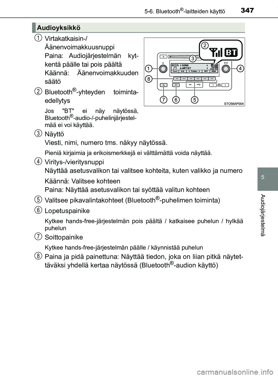 TOYOTA YARIS 2020  Manual de utilização (in Portuguese) 3475-6. Bluetooth®-laitteiden käyttö
5
Audiojärjestelmä
YARIS_F_OM_Europe_OM52A54FI
Virtakatkaisin-/
Äänenvoimakkuusnuppi
Paina: Audiojärjestelmän  kyt-
kentä päälle tai pois päältä
Kä