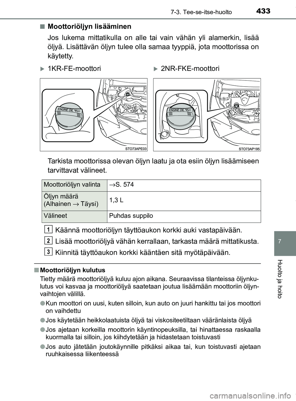 TOYOTA YARIS 2020  Manual de utilização (in Portuguese) 4337-3. Tee-se-itse-huolto
7
Huolto ja hoito
YARIS_F_OM_Europe_OM52A54FIn
Moottoriöljyn lisääminen
Jos lukema mittatikulla on alle ta
i vain vähän yli alamerkin, lisää
öljyä. Lisättävän ö