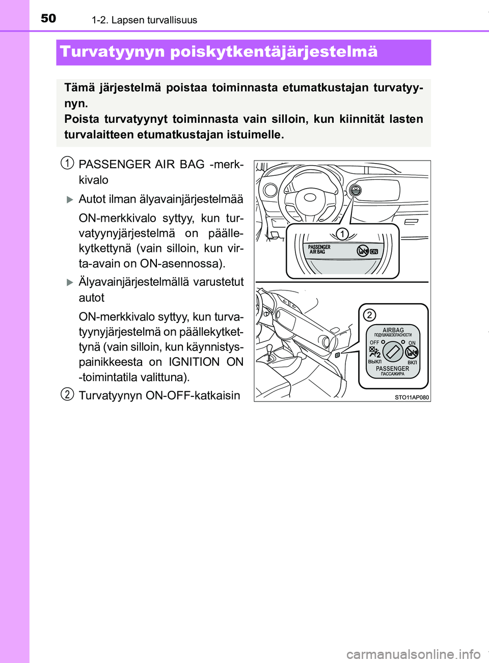 TOYOTA YARIS 2020  Manual de utilização (in Portuguese) 501-2. Lapsen turvallisuus
YARIS_F_OM_Europe_OM52A54FI
Turvatyynyn poiskytkentäjärjestelmä
PASSENGER AIR BAG -merk-
kivalo
Autot ilman älyavainjärjestelmää
ON-merkkivalo syttyy, kun tur-
vat