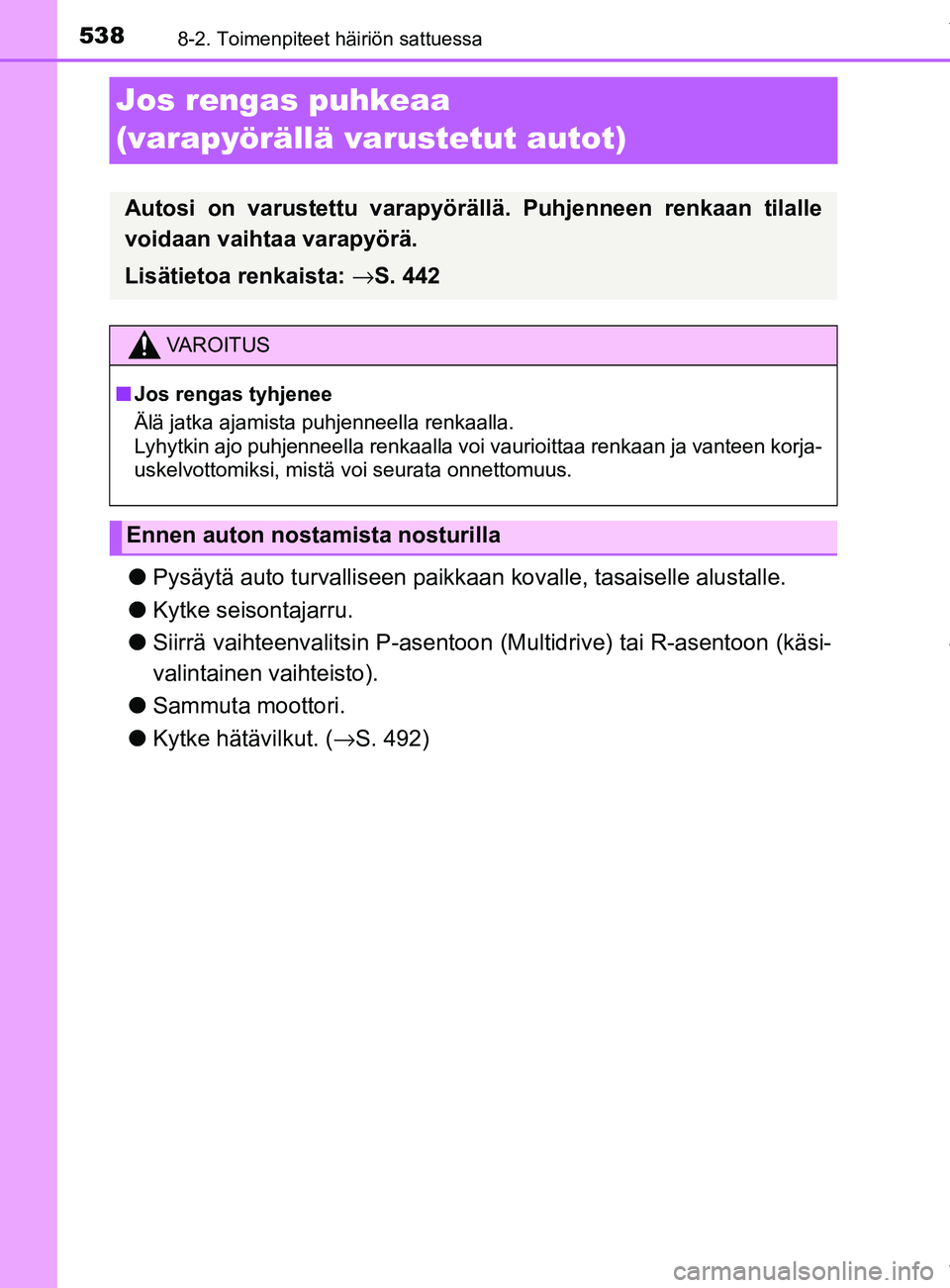 TOYOTA YARIS 2020  Manual de utilização (in Portuguese) 5388-2. Toimenpiteet häiriön sattuessa
YARIS_F_OM_Europe_OM52A54FI
Jos rengas puhkeaa 
(varapyörällä varustetut autot)
lPysäytä auto turvalliseen paikkaa n kovalle, tasaiselle alustalle.
l Kytk