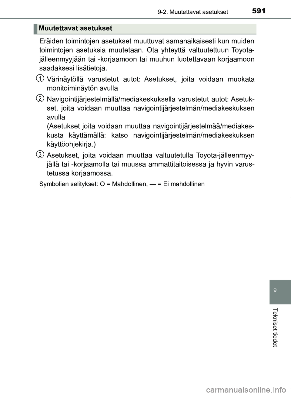 TOYOTA YARIS 2020  Manual de utilização (in Portuguese) 5919-2. Muutettavat asetukset
9
Tekniset tiedot
YARIS_F_OM_Europe_OM52A54FI
Eräiden toimintojen asetukset muuttuvat samanaikaisesti kun muiden
toimintojen asetuksia muutetaan. Ota yhteyttä valtuutet