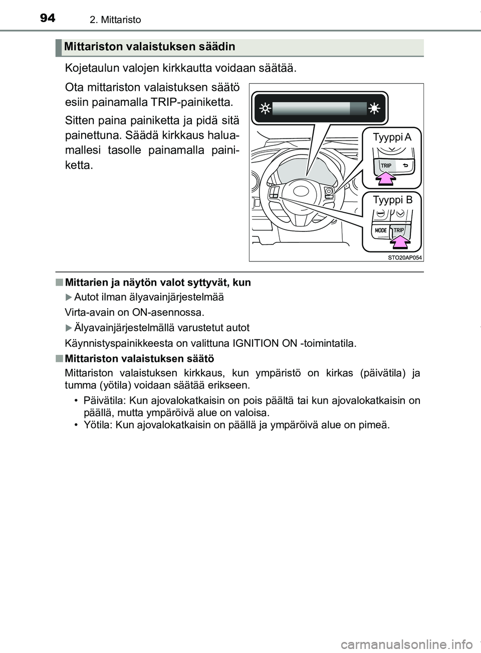 TOYOTA YARIS 2020  Manual de utilização (in Portuguese) 942. Mittaristo
YARIS_F_OM_Europe_OM52A54FI
Kojetaulun valojen kirkkautta voidaan säätää.
Ota mittariston valaistuksen säätö
esiin painamalla TRIP-painiketta.
Sitten paina painiketta ja pidä s