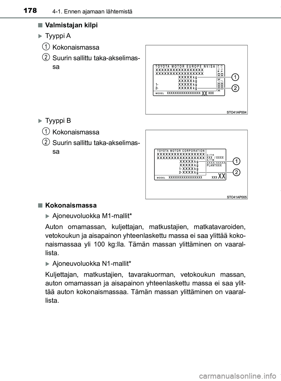 TOYOTA YARIS 2020  Omistajan Käsikirja (in Finnish) 1784-1. Ennen ajamaan lähtemistä
YARIS_F_OM_Europe_OM52A54FIn
Valmistajan kilpi
Ty y p p i  A
Kokonaismassa
Suurin sallittu  taka-akselimas-
sa
Ty y p p i  B
Kokonaismassa
Suurin sallittu  tak