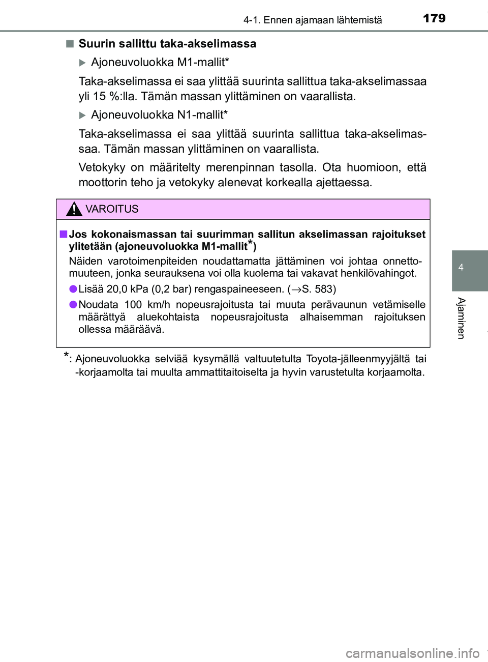TOYOTA YARIS 2020  Omistajan Käsikirja (in Finnish) 1794-1. Ennen ajamaan lähtemistä
4
Ajaminen
YARIS_F_OM_Europe_OM52A54FIn
Suurin sallittu taka-akselimassa
Ajoneuvoluokka M1-mallit*
Taka-akselimassa ei saa ylittää suurinta sallittua taka-aksel
