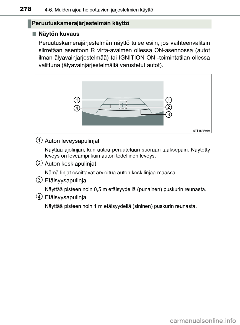 TOYOTA YARIS 2020  Omistajan Käsikirja (in Finnish) 2784-6. Muiden ajoa helpottavien järjestelmien käyttö
YARIS_F_OM_Europe_OM52A54FIn
Näytön kuvaus
Peruutuskamerajärjestelmän näyttö
 tulee esiin, jos vaihteenvalitsin
siirretään asentoon R v