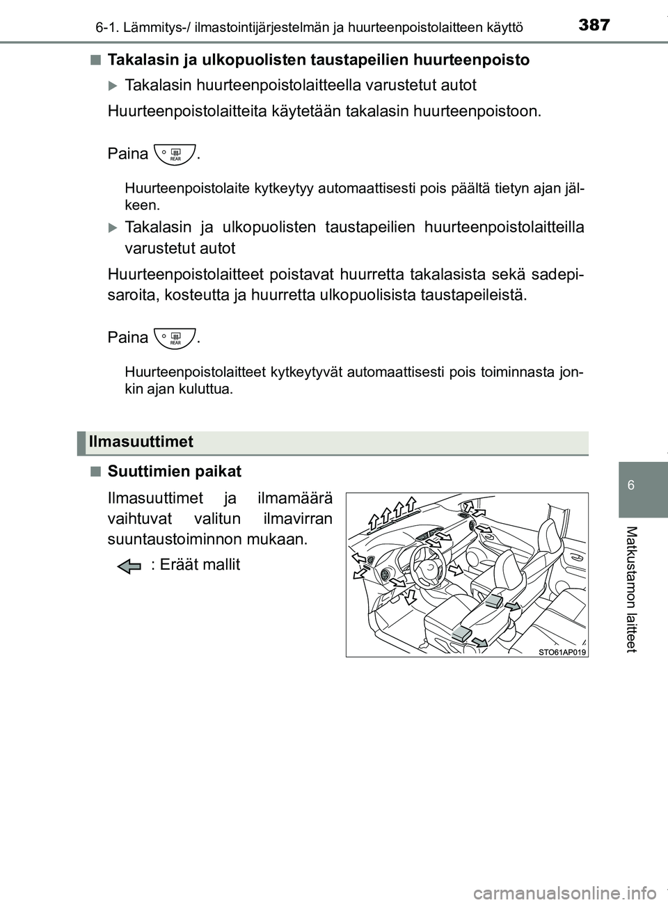 TOYOTA YARIS 2020  Omistajan Käsikirja (in Finnish) 3876-1. Lämmitys-/ ilmastointijärjestelmän ja huurteenpoistolaitteen käyttö
6
Matkustamon laitteet
YARIS_F_OM_Europe_OM52A54FIn
Takalasin ja ulkopuolisten 
taustapeilien huurteenpoisto
Takalas