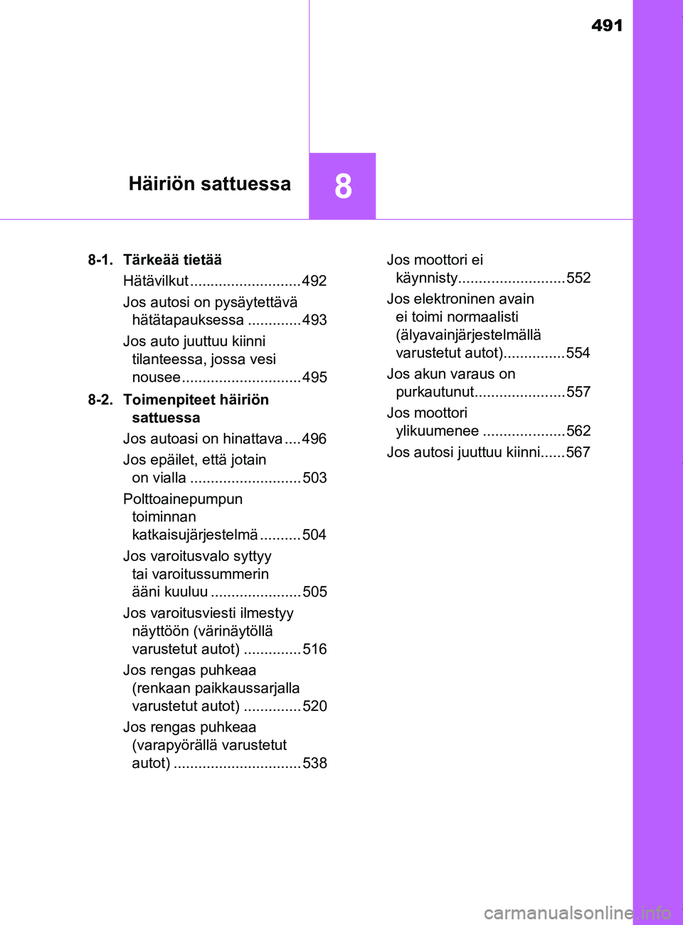 TOYOTA YARIS 2020  Omistajan Käsikirja (in Finnish) 491
8Häiriön sattuessa
YARIS_F_OM_Europe_OM52A54FI8-1. Tärkeää tietää
Hätävilkut ........................... 492
Jos autosi on pysäytettävä hätätapauksessa ............. 493
Jos auto juu