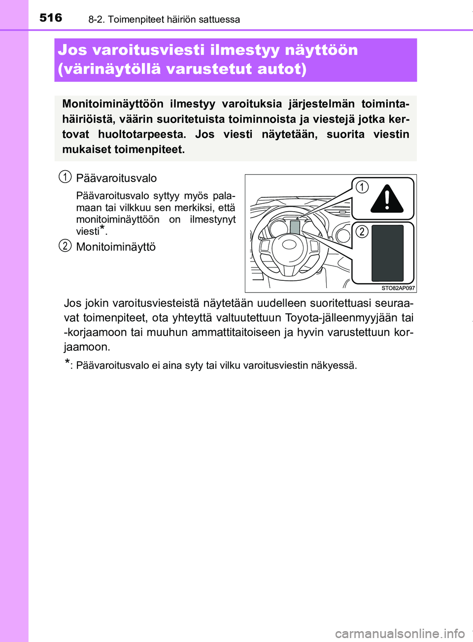 TOYOTA YARIS 2020  Omistajan Käsikirja (in Finnish) 5168-2. Toimenpiteet häiriön sattuessa
YARIS_F_OM_Europe_OM52A54FI
Jos varoitusviesti ilmestyy näyttöön 
(värinäytöllä va rustetut autot)
Päävaroitusvalo
Päävaroitusvalo syttyy myös pala