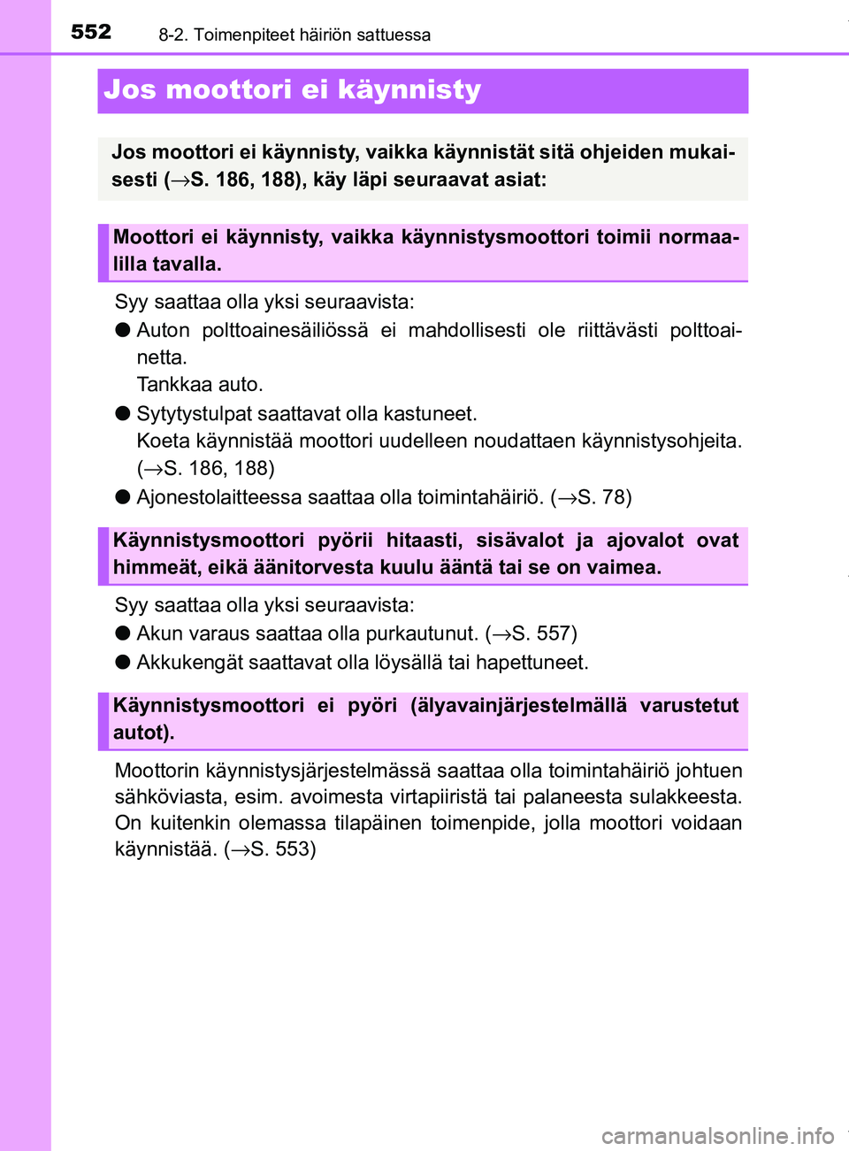TOYOTA YARIS 2020  Omistajan Käsikirja (in Finnish) 5528-2. Toimenpiteet häiriön sattuessa
YARIS_F_OM_Europe_OM52A54FI
Jos moottori ei käynnisty
Syy saattaa olla yksi seuraavista:
lAuton polttoainesäiliössä ei mahdollisesti ole riittävästi polt