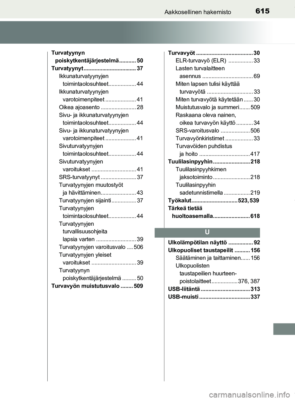 TOYOTA YARIS 2020  Omistajan Käsikirja (in Finnish) 615Aakkosellinen hakemisto
YARIS_F_OM_Europe_OM52A54FI
Turvatyynyn poiskytkentäjärjestelmä ........... 50
Turvatyynyt .................................. 37 Ikkunaturvatyynyjen toimintaolosuhteet...