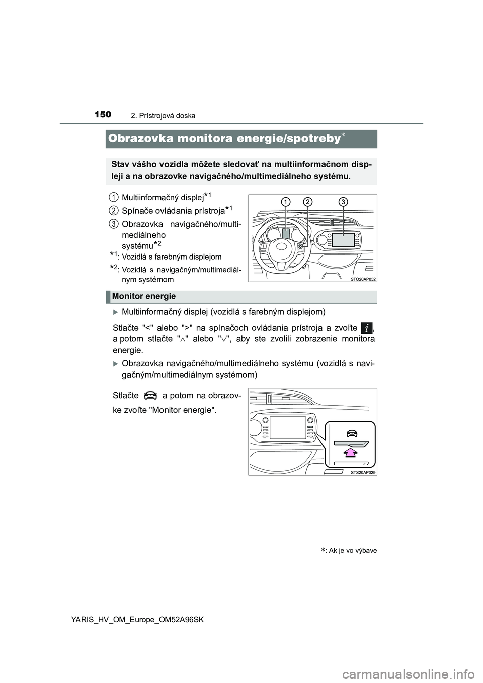 TOYOTA YARIS 2020  Návod na použitie (in Slovakian) 1502. Prístrojová doska
YARIS_HV_OM_Europe_OM52A96SK
Obrazovka monitora energie/spotreby
Multiinformačný displej*1
Spínače ovládania prístroja*1
Obrazovka  navigačného/multi-
mediálneho 