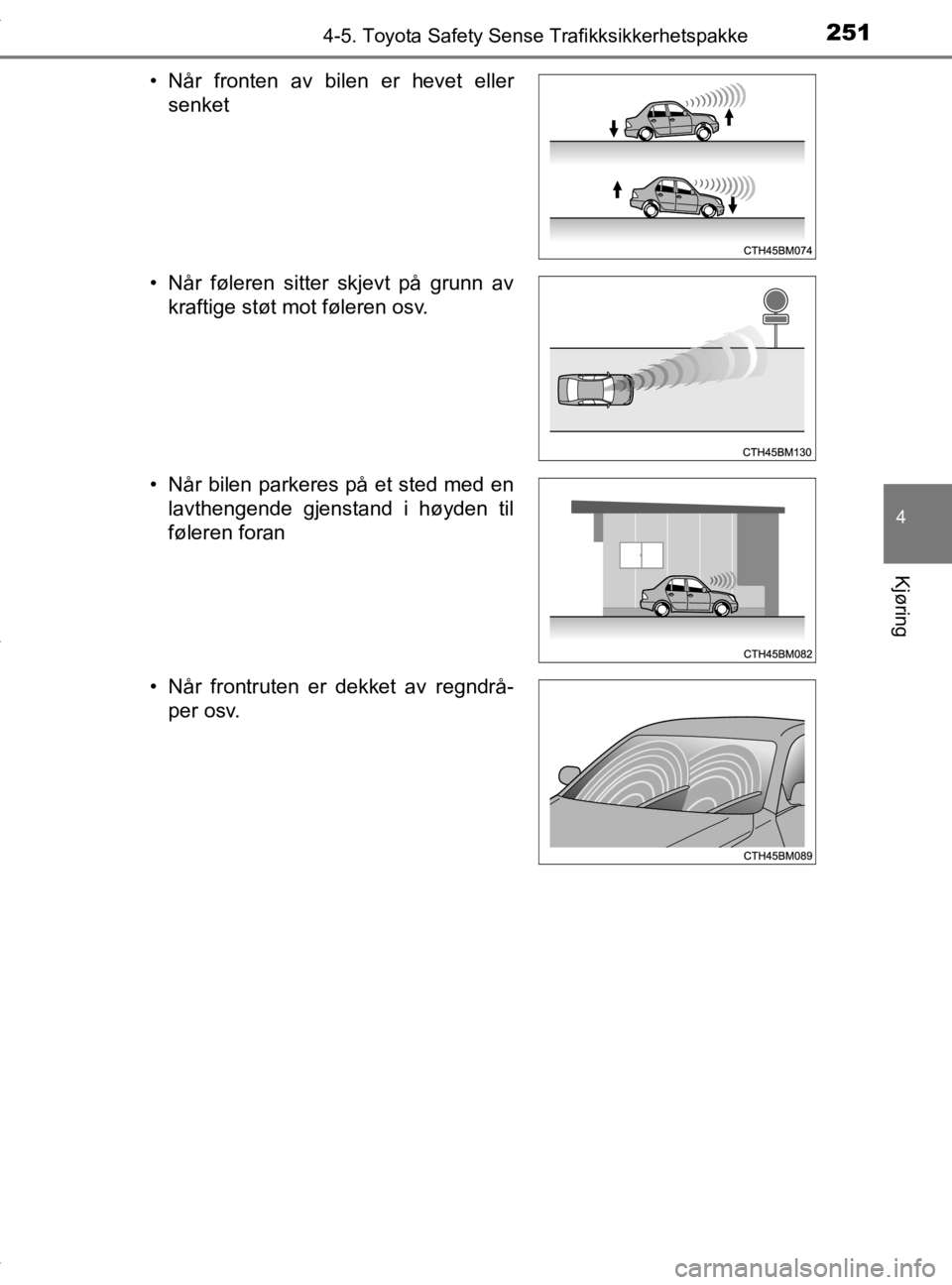 TOYOTA YARIS 2020  Instruksjoner for bruk (in Norwegian) 2514-5. Toyota Safety Sense Trafikksikkerhetspakke
4
Kjøring
YARIS_HV_OM_Europe_OM52A96NO• Når fronten av bilen er hevet eller
senket
• Når føleren sitter skjevt på grunn av kraftige støt mo