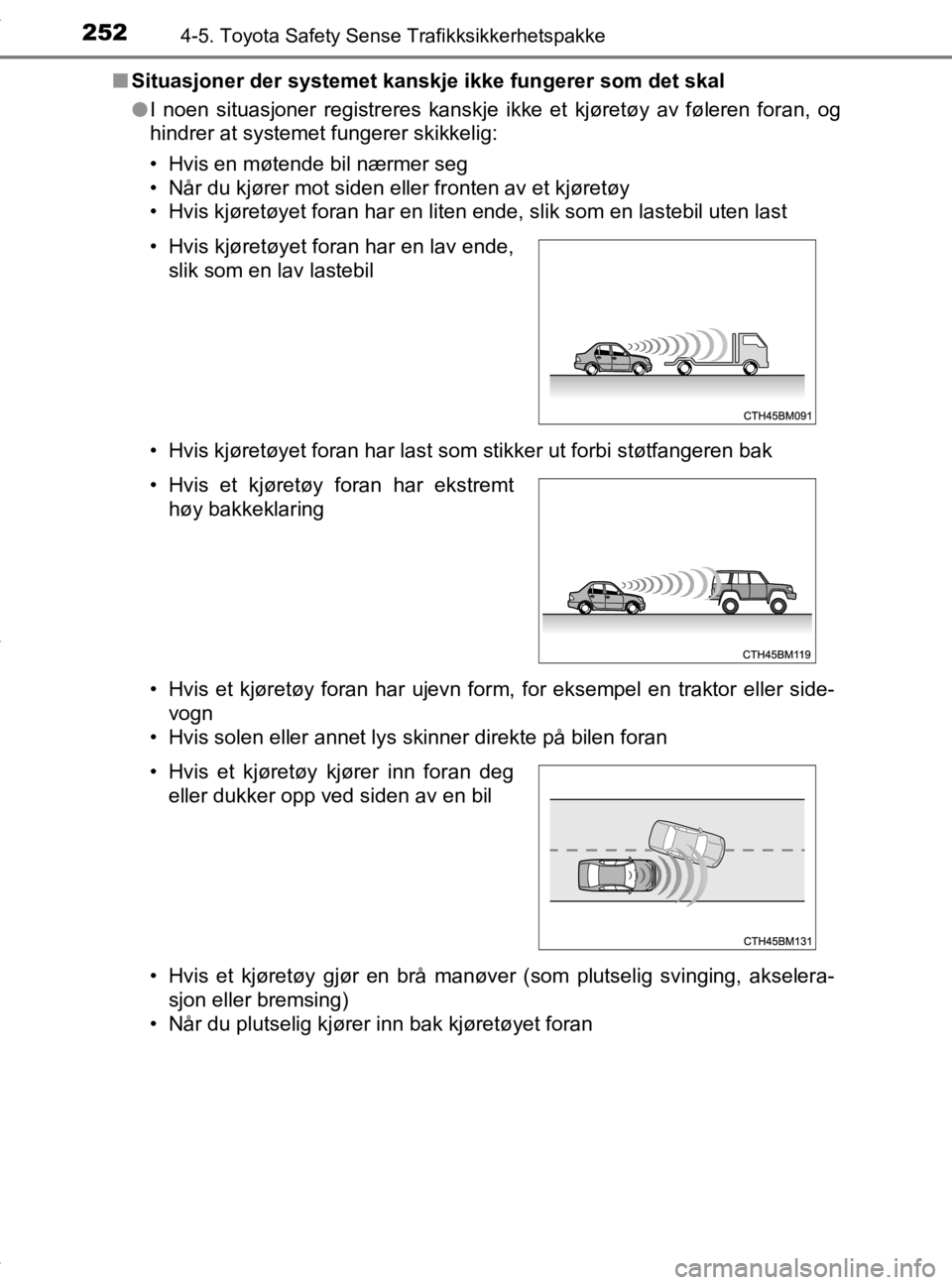 TOYOTA YARIS 2020  Instruksjoner for bruk (in Norwegian) 2524-5. Toyota Safety Sense Trafikksikkerhetspakke
YARIS_HV_OM_Europe_OM52A96NOn
Situasjoner der systemet kanskj e ikke fungerer som det skal
l I noen situasjoner registreres kanskje ikke et kjøretø