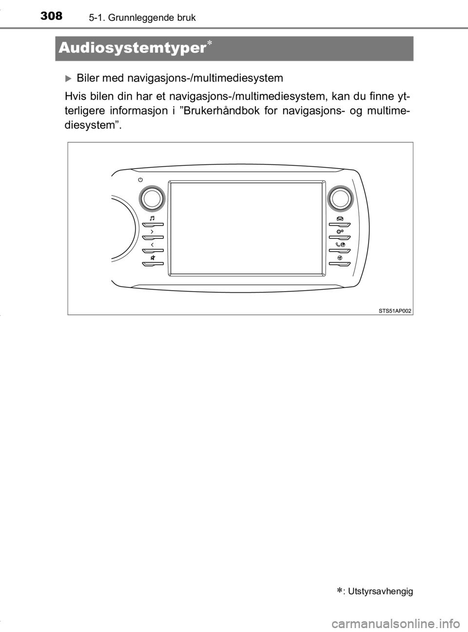 TOYOTA YARIS 2020  Instruksjoner for bruk (in Norwegian) 3085-1. Grunnleggende bruk
YARIS_HV_OM_Europe_OM52A96NO
Audiosystemtyper
Biler med navigasjons-/multimediesystem
Hvis bilen din har et navigasjons-/ multimediesystem, kan du finne yt-
terligere 
