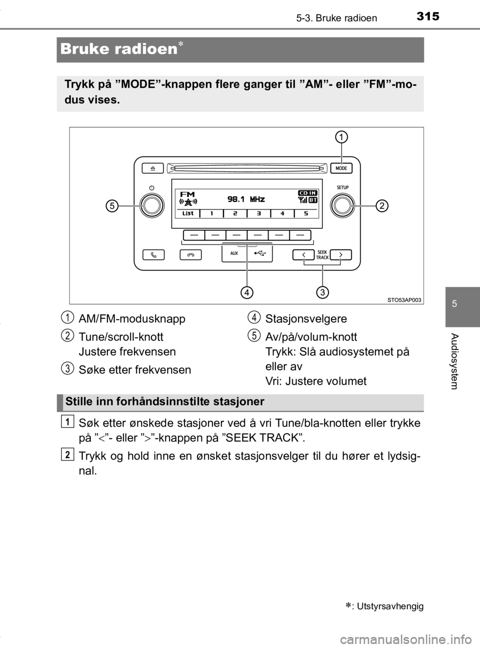 TOYOTA YARIS 2020  Instruksjoner for bruk (in Norwegian) 315
5
5-3. Bruke radioen
Audiosystem
YARIS_HV_OM_Europe_OM52A96NO
Bruke radioen
Søk etter ønskede stasjoner ved å vri Tune/bla-knotten eller trykke
på ” ”- eller ” ”-knappen på 