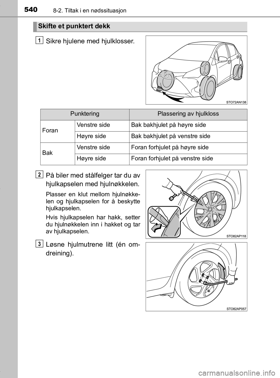 TOYOTA YARIS 2020  Instruksjoner for bruk (in Norwegian) 5408-2. Tiltak i en nødssituasjon
YARIS_HV_OM_Europe_OM52A96NO
Sikre hjulene med hjulklosser.
På biler med stålfelger tar du av
hjulkapselen med hjulnøkkelen.
Plasser en klut mellom hjulnøkke-
le
