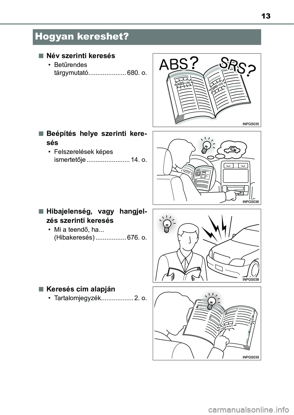 TOYOTA YARIS 2020  Kezelési útmutató (in Hungarian) 13
Hogyan kereshet?
nNév szerinti keresés
• Betűrendes tárgymutató..................... 680. o.
n
Beépítés  helye  szerinti  kere-
sés
• Felszerelések képes  ismertetője ..............