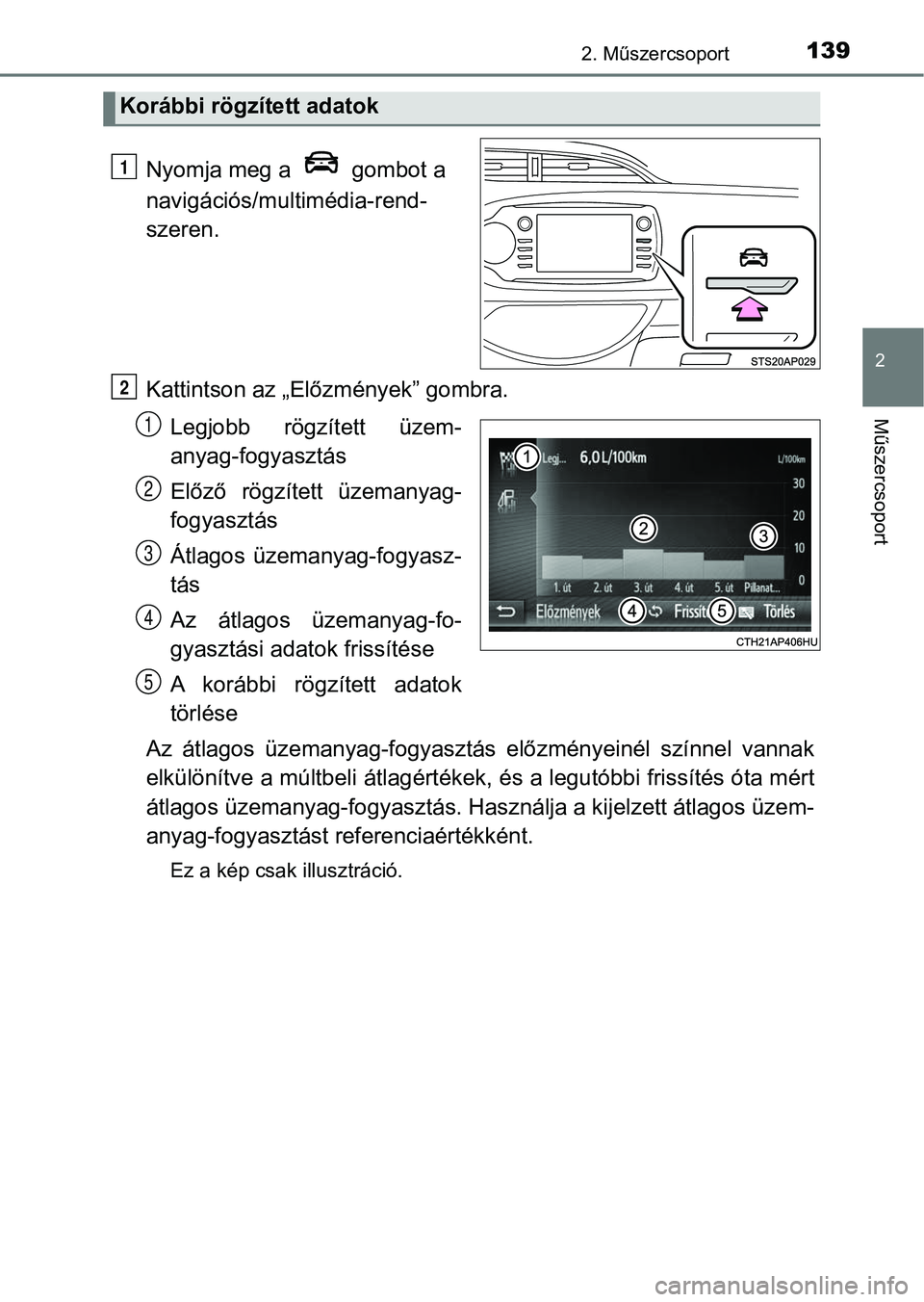 TOYOTA YARIS 2020  Kezelési útmutató (in Hungarian) 1392. Műszercsoport
2
Műszercsoport
Nyomja meg a   gombot a 
navigációs/multimédia-rend-
szeren.
Kattintson az „Előzmények” gombra.
Legjobb  rögzített  üzem-
anyag-fogyasztás
Előző  r