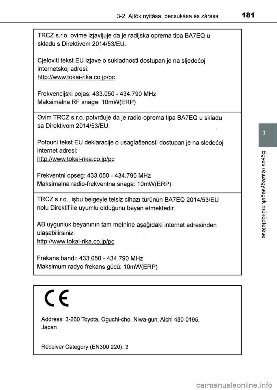 TOYOTA YARIS 2020  Kezelési útmutató (in Hungarian) 1813-2. Ajtók nyitása, becsukása és zárása
3
Egyes részegységek működtetése 