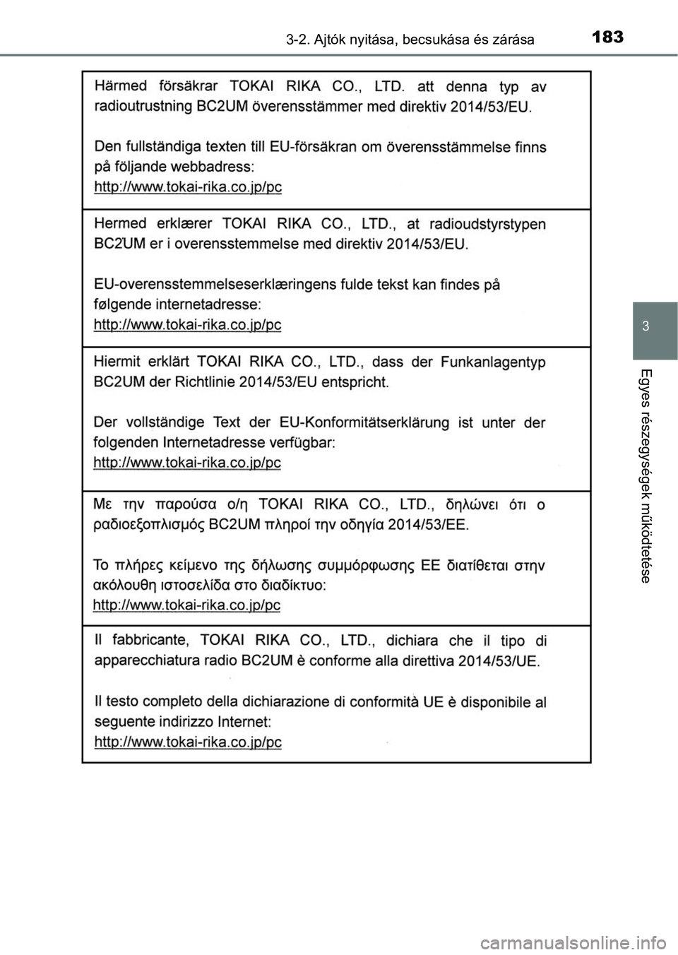 TOYOTA YARIS 2020  Kezelési útmutató (in Hungarian) 1833-2. Ajtók nyitása, becsukása és zárása
3
Egyes részegységek működtetése 