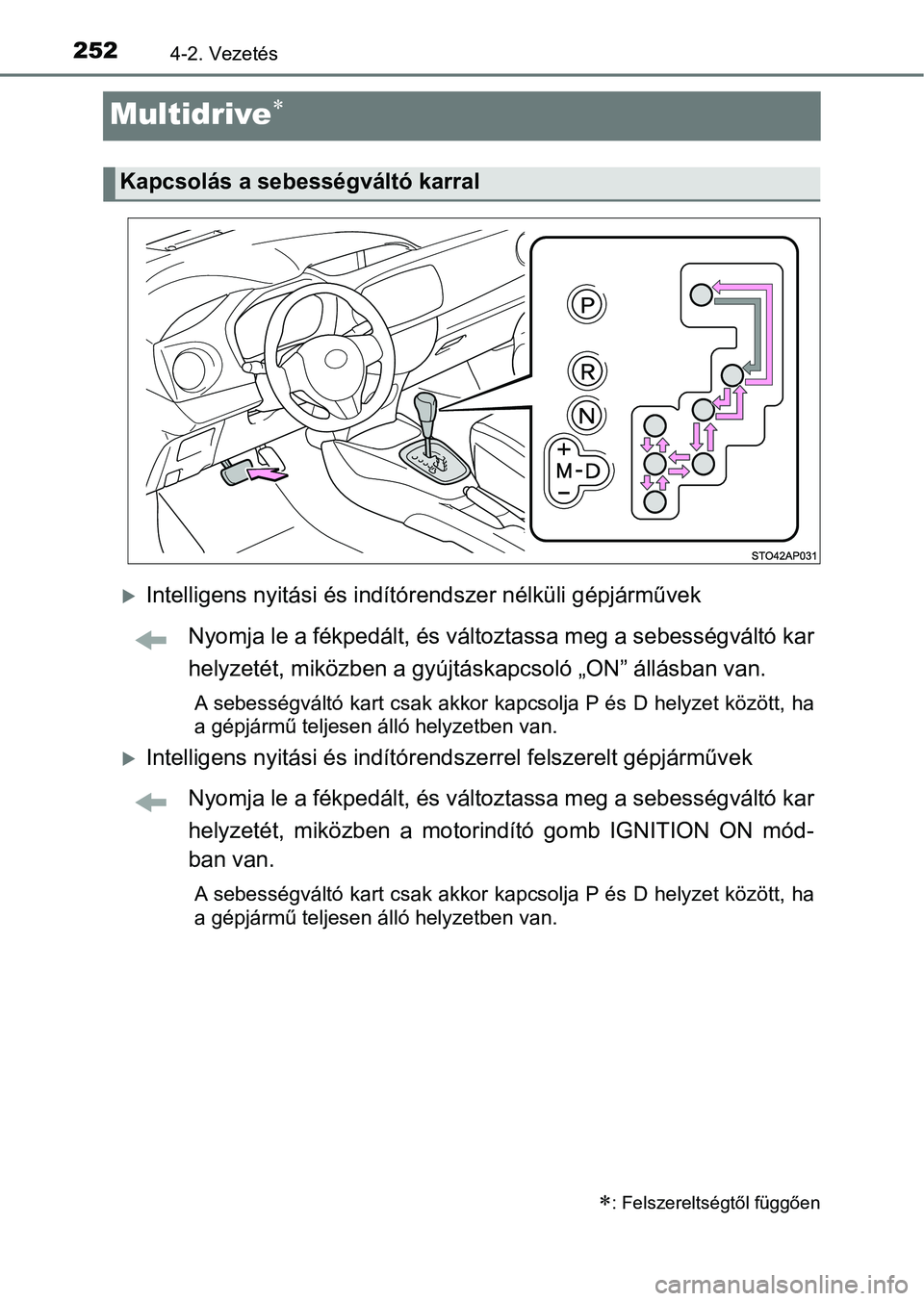 TOYOTA YARIS 2020  Kezelési útmutató (in Hungarian) 2524-2. Vezetés
Multidrive
Intelligens nyitási és indítórendszer nélküli gépjárművek
Nyomja le a fékpedált, és változtassa meg a sebességváltó kar
helyzetét, miközben a gyújt