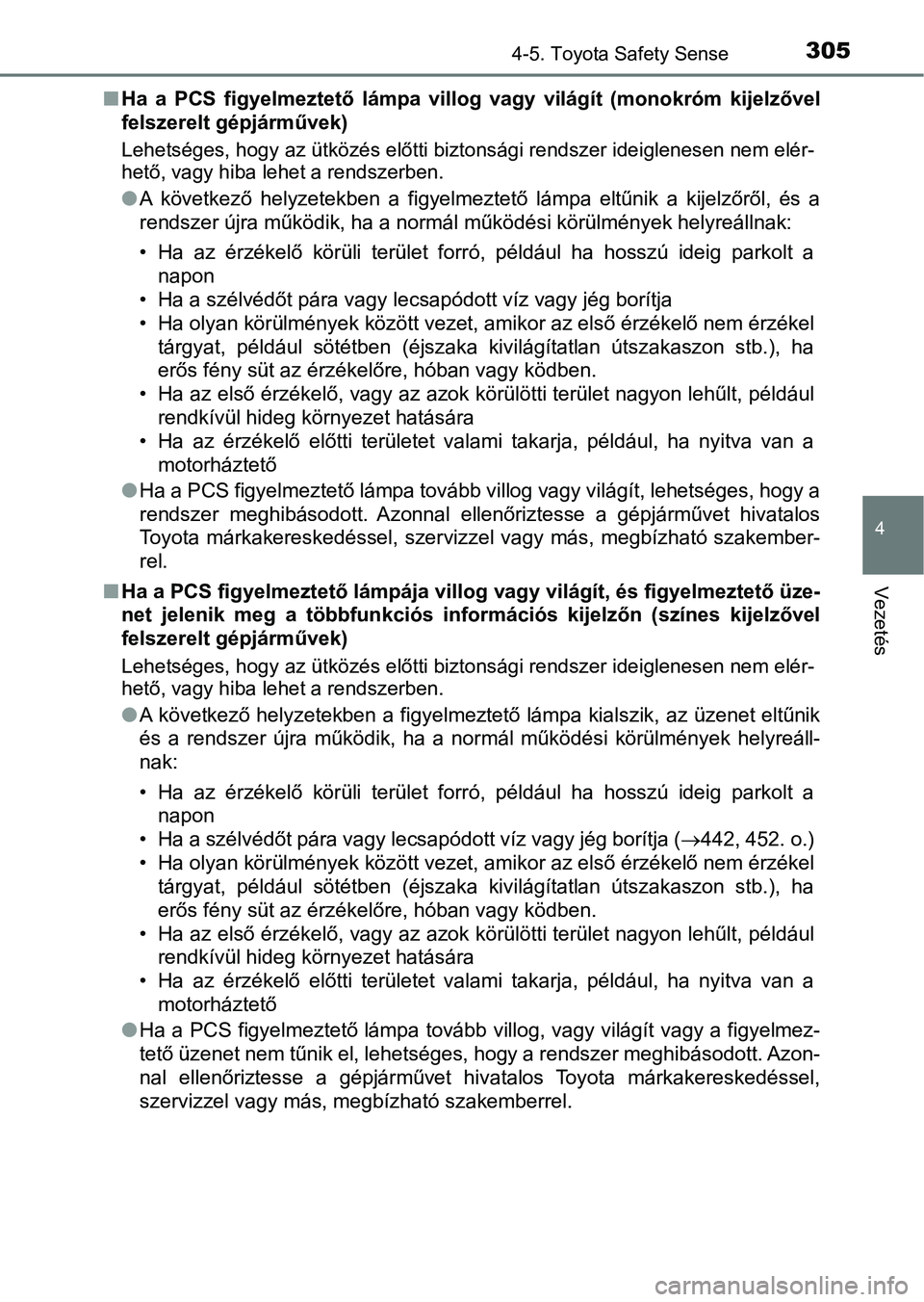 TOYOTA YARIS 2020  Kezelési útmutató (in Hungarian) 3054-5. Toyota Safety Sense
4
Vezetés
nHa  a  PCS  figyelmeztető  lámpa  villog  vagy  világít  (monokróm  kije lzővel
felszerelt gépjárművek)
Lehetséges, hogy az ütközés elő tti bizton