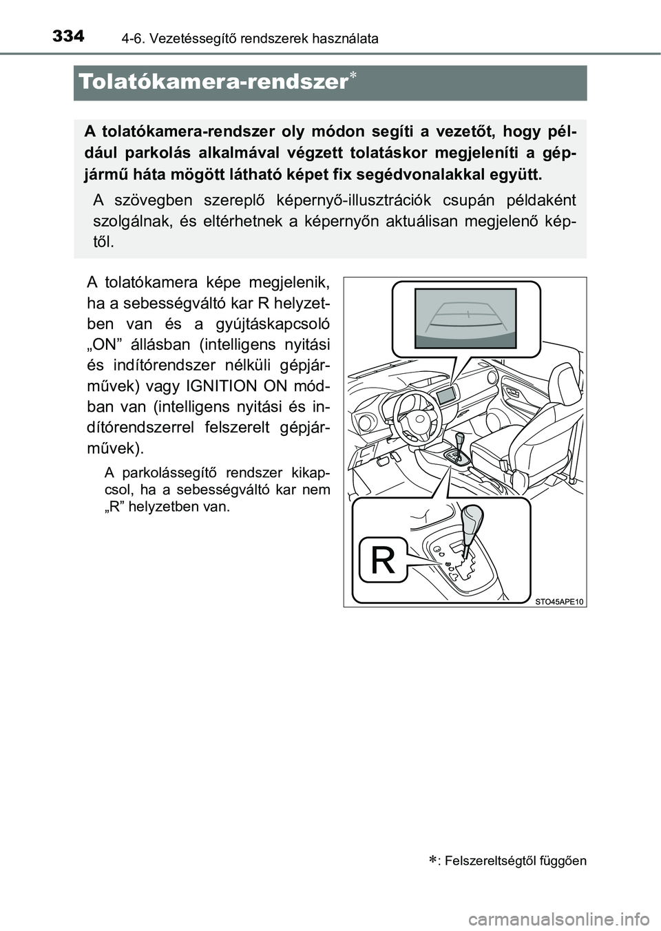 TOYOTA YARIS 2020  Kezelési útmutató (in Hungarian) 3344-6. Vezetéssegítő rendszerek használata
Tolatókamera-rendszer
A  tolatókamera  képe  megjelenik,
ha a sebességváltó kar R helyzet-
ben  van  és  a  gyújtáskapcsoló
„ON”  áll