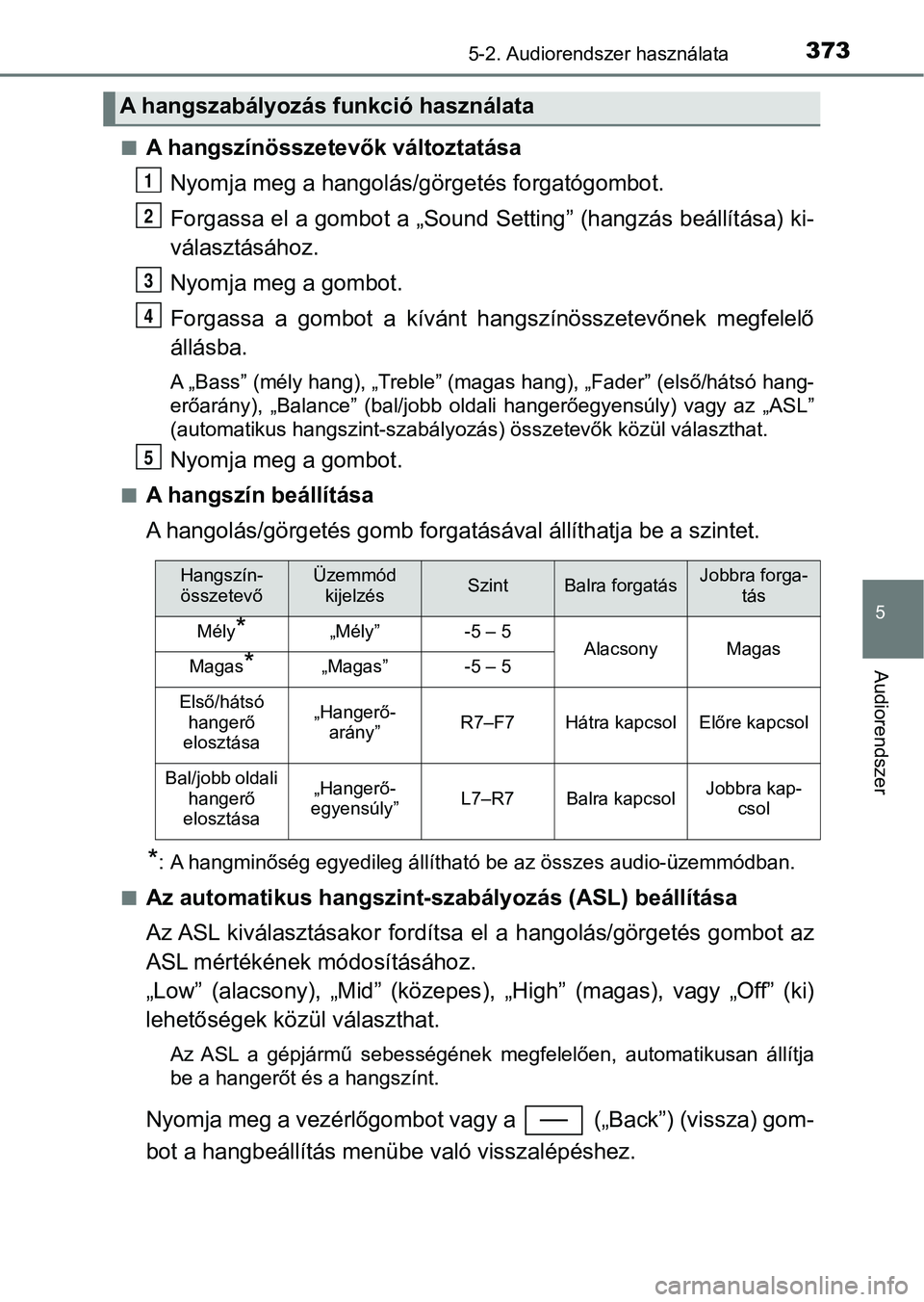 TOYOTA YARIS 2020  Kezelési útmutató (in Hungarian) 3735-2. Audiorendszer használata
5
Audiorendszer
nA hangszínösszetevők változtatásaNyomja meg a hangolás/gör getés forgatógombot.
Forgassa el a gombot a „Sound Se tting” (hangzás beáll