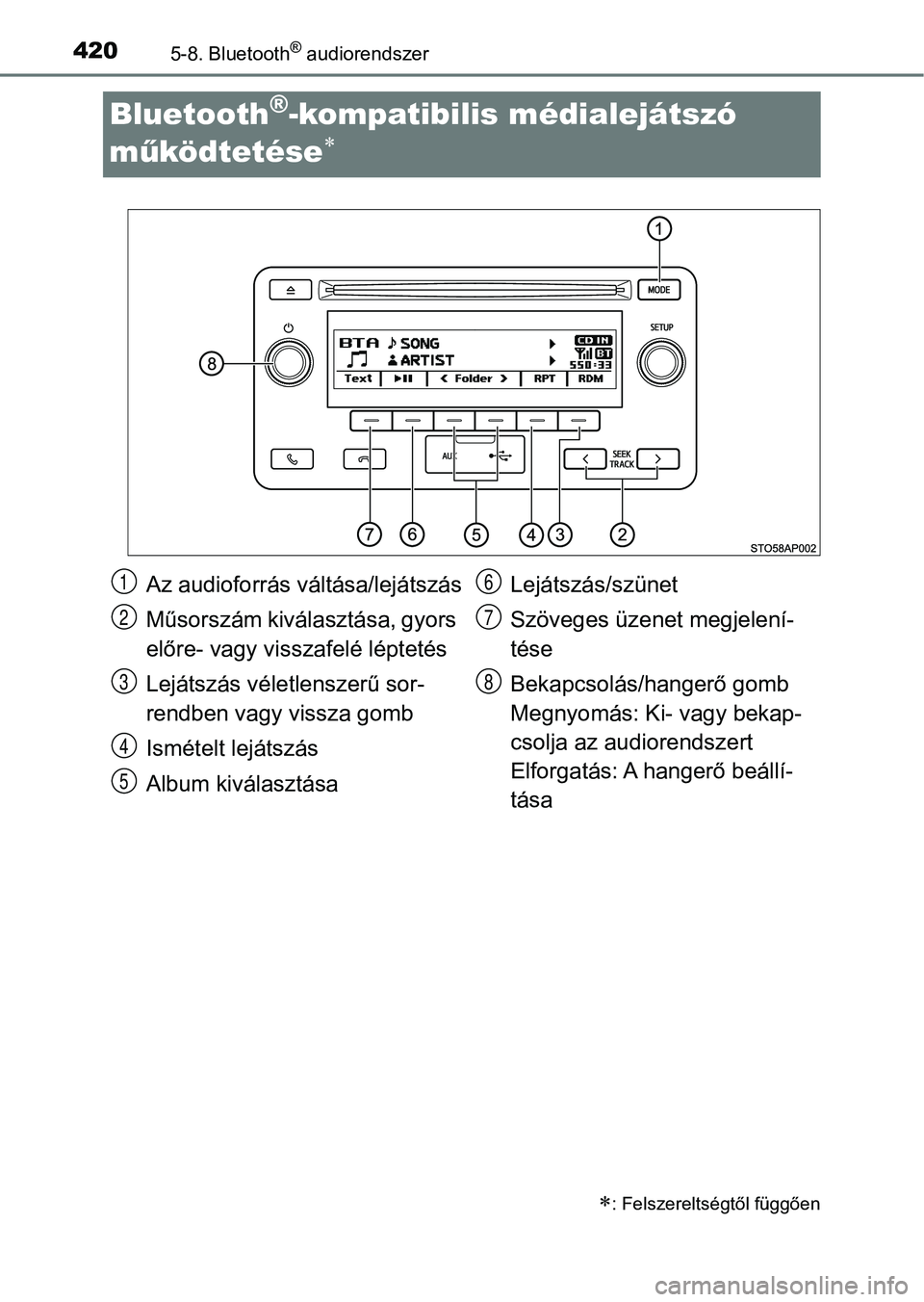 TOYOTA YARIS 2020  Kezelési útmutató (in Hungarian) 4205-8. Bluetooth® audiorendszer
Bluetooth®-kompatibilis médialejátszó 
mű ködtetése

: Felszereltségtől függően
Az audioforrás váltása/lejátszás
Műsorszám kiválasztása, gyo