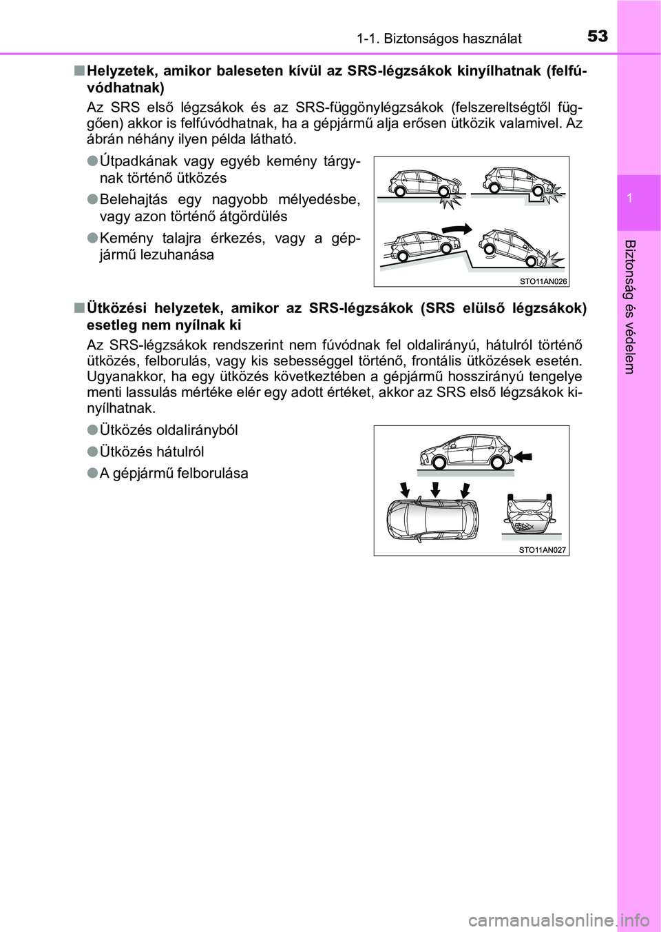 TOYOTA YARIS 2020  Kezelési útmutató (in Hungarian) 531-1. Biztonságos használat
1
Biztonság és védelem
nHelyzetek,  amikor  baleseten  kívül  az  SRS-légzsákok  kinyílhatnak   (felfú-
vódhatnak) 
Az  SRS  első  légzsákok  és  az  SR S-