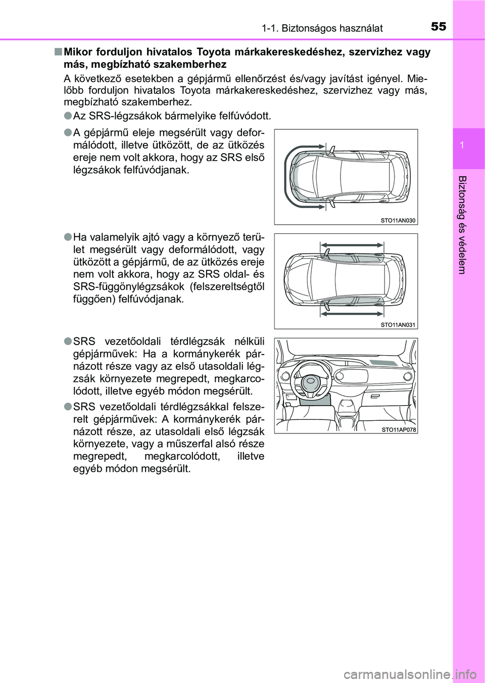 TOYOTA YARIS 2020  Kezelési útmutató (in Hungarian) 551-1. Biztonságos használat
1
Biztonság és védelem
nMikor  forduljon  hivatalos  Toyota  márkakereskedéshez,  szervizhez   vagy
más, megbízható szakemberhez
A  következő  esetekben  a  g