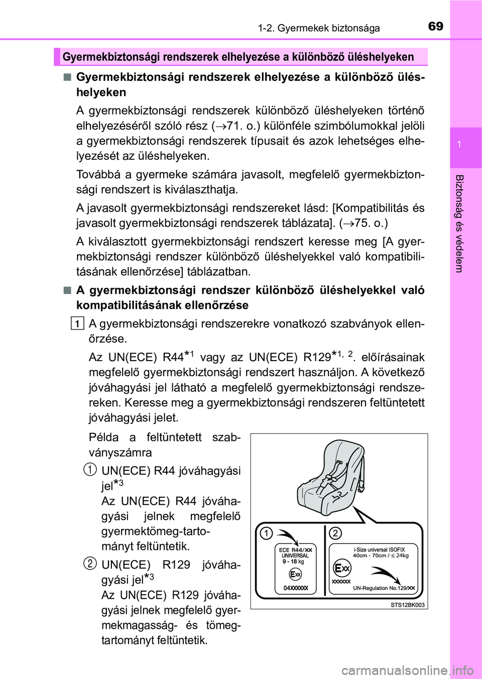 TOYOTA YARIS 2020  Kezelési útmutató (in Hungarian) 691-2. Gyermekek biztonsága
1
Biztonság és védelem
nGyermekbiztonsági  rendszerek  elhelyezése  a  különböző  ülés-
helyeken
A  gyermekbiztonsági  rendszerek  k ülönböző  üléshelyek