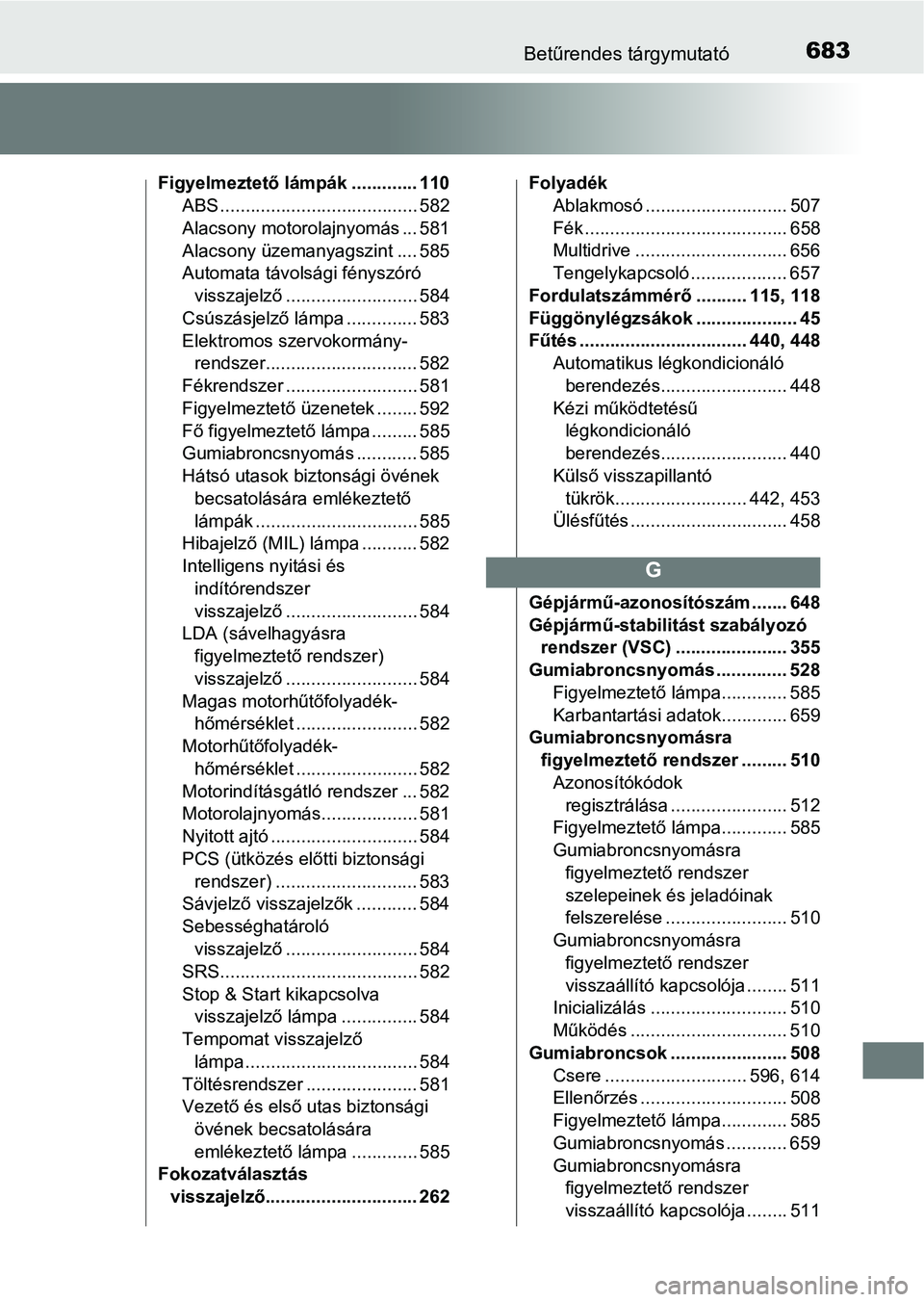 TOYOTA YARIS 2020  Kezelési útmutató (in Hungarian) 683Betűrendes tárgymutató
Figyelmeztető lámpák ............. 110ABS ....................................... 582
Alacsony motorolajnyomás ... 581
Alacsony üzemanyagszint .... 585
Automata távo