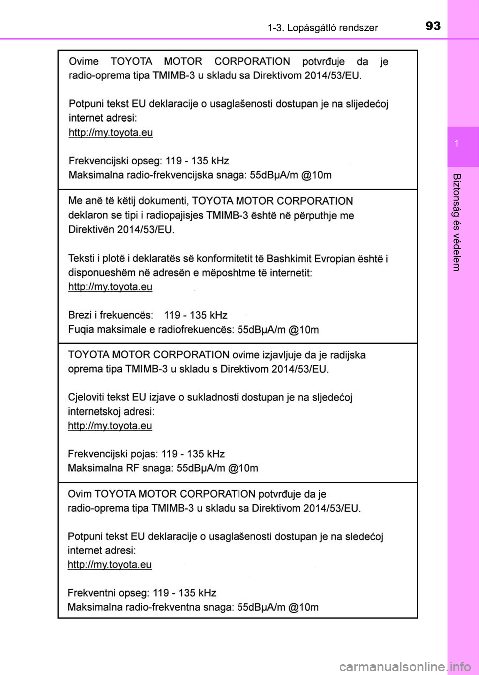 TOYOTA YARIS 2020  Kezelési útmutató (in Hungarian) 931-3. Lopásgátló rendszer
1
Biztonság és védelem 