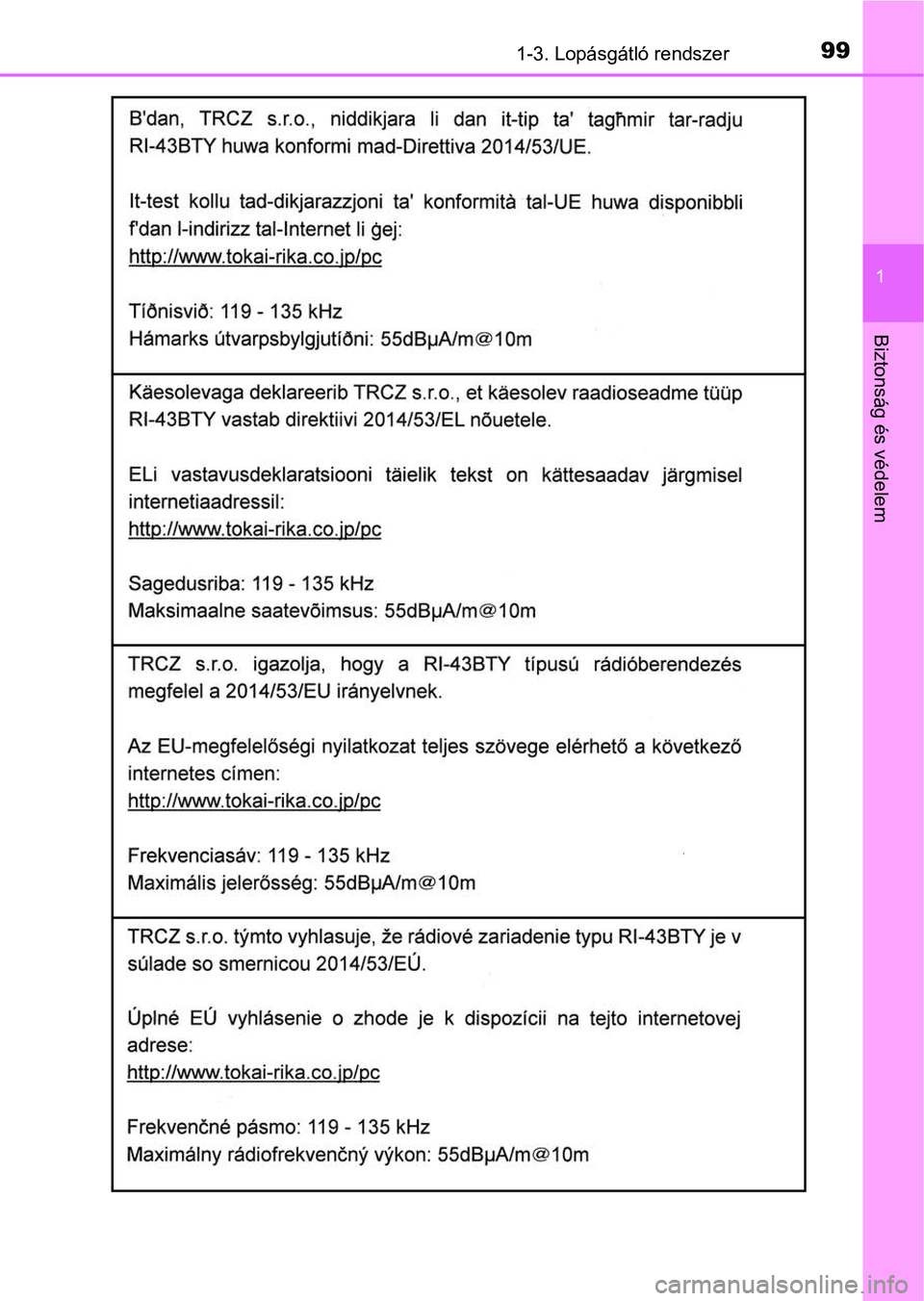 TOYOTA YARIS 2020  Kezelési útmutató (in Hungarian) 991-3. Lopásgátló rendszer
1
Biztonság és védelem 
