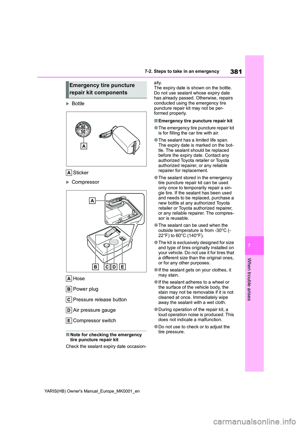 TOYOTA YARIS 2021  Owners Manual 381
7
YARIS(HB) Owners Manual_Europe_MK0001_en
7-2. Steps to take in an emergency
When trouble arises
Bottle 
Sticker
Compressor 
Hose 
Power plug
Pressure release button 
Air pressure gauge 
C