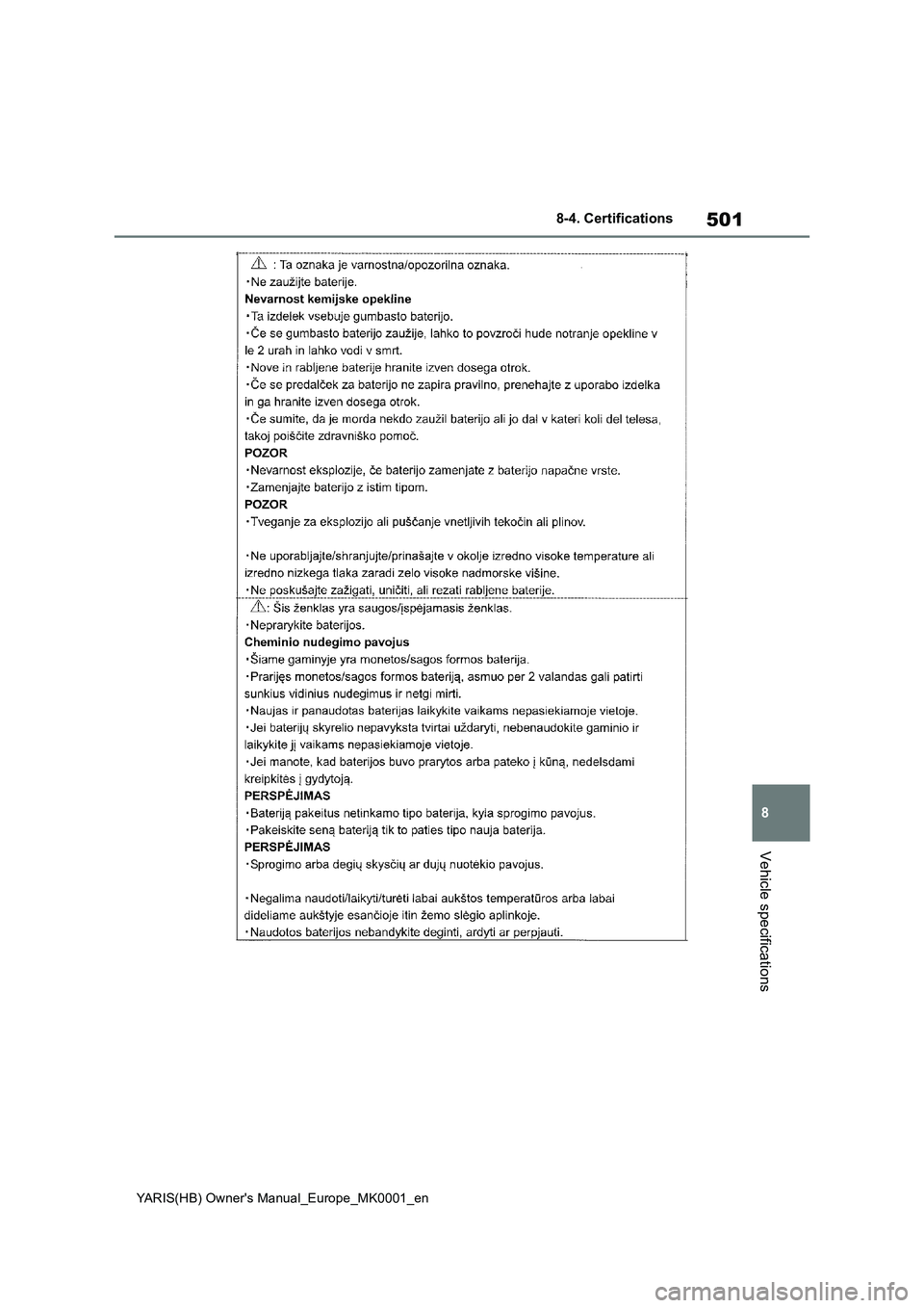 TOYOTA YARIS 2021  Owners Manual 501
8
YARIS(HB) Owners Manual_Europe_MK0001_en
8-4. Certifications
Vehicle specifications 