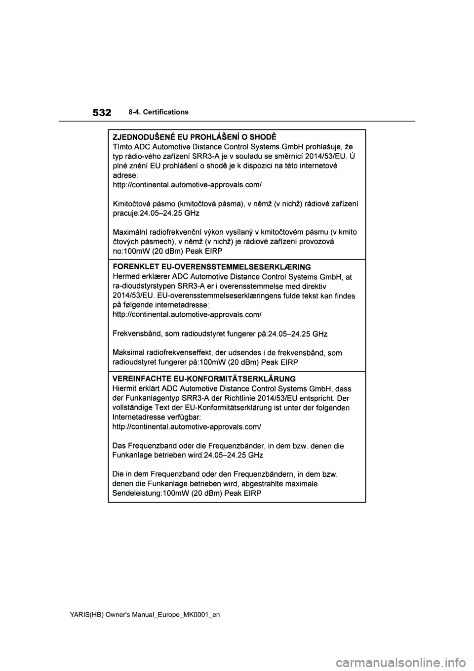 TOYOTA YARIS 2021  Owners Manual 532
YARIS(HB) Owners Manual_Europe_MK0001_en
8-4. Certifications 