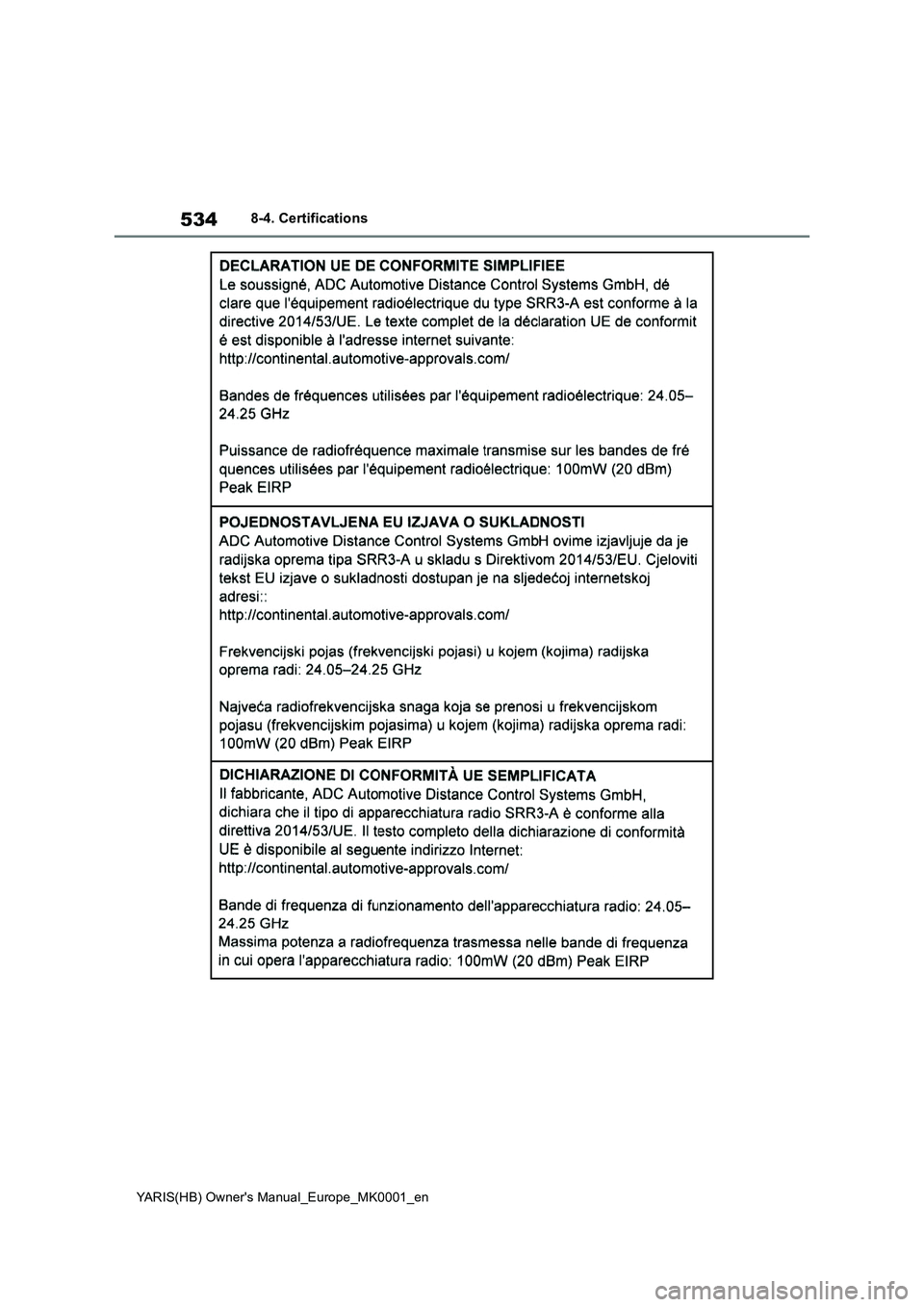 TOYOTA YARIS 2021  Owners Manual 534
YARIS(HB) Owners Manual_Europe_MK0001_en
8-4. Certifications 